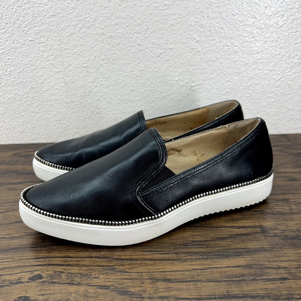 J Slides Womens Size 6 Shoes‎ Black Leather Slip On Casual Sneaker Zipper Accent